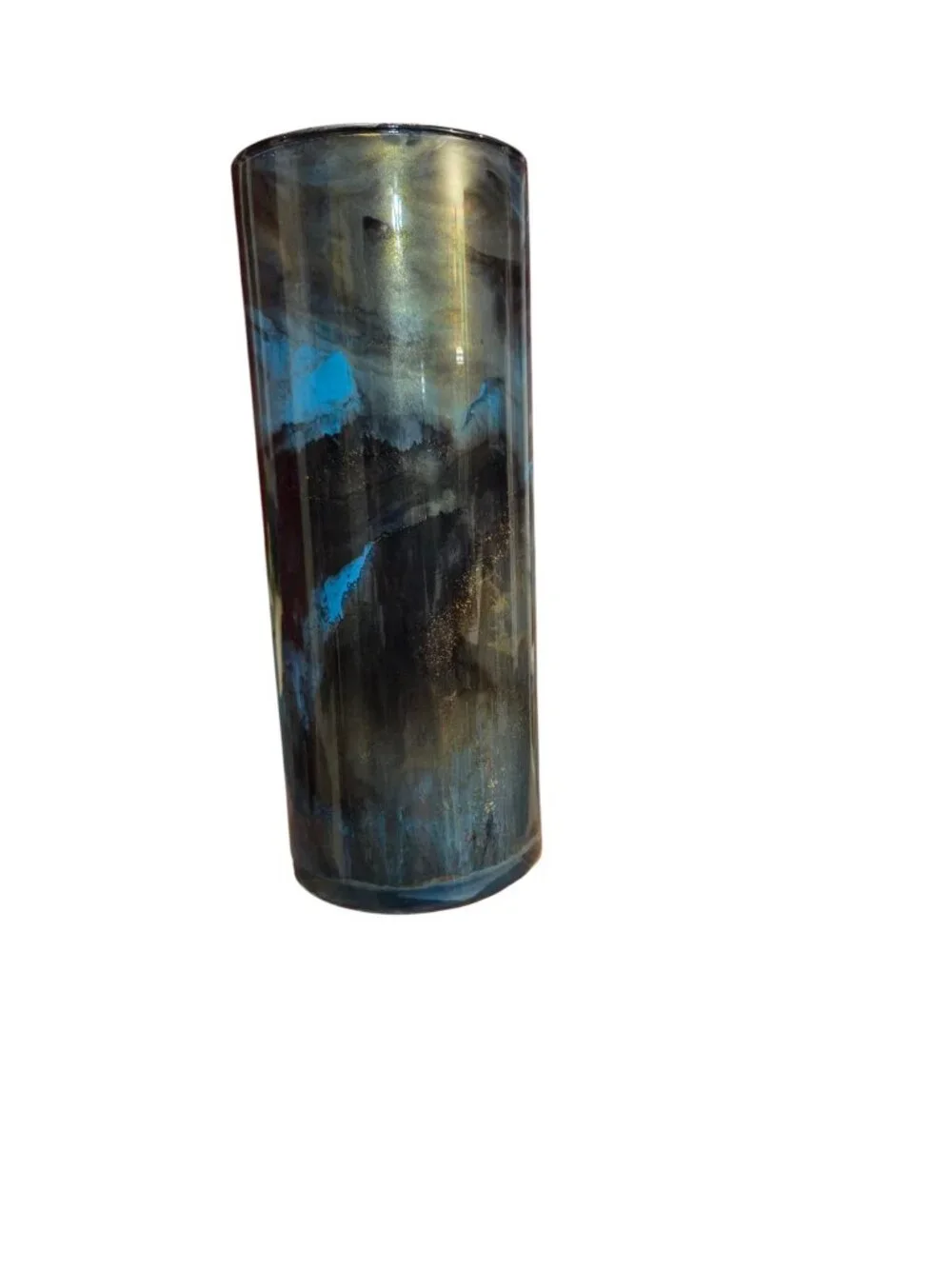 Handpainted OOAK Acrylic Pour Cylinder Vase, Teal Blue Black Gold, Unique Art